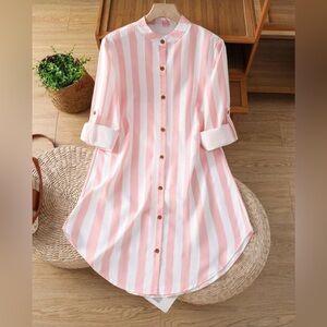 Striped Pink and White Shirt Dress - Casual Women's Dress